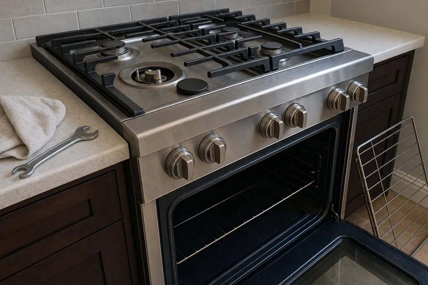Stainless gas range with one surface burner stripped to its base, igniter electrode and brass orifice exposed, oven door open below