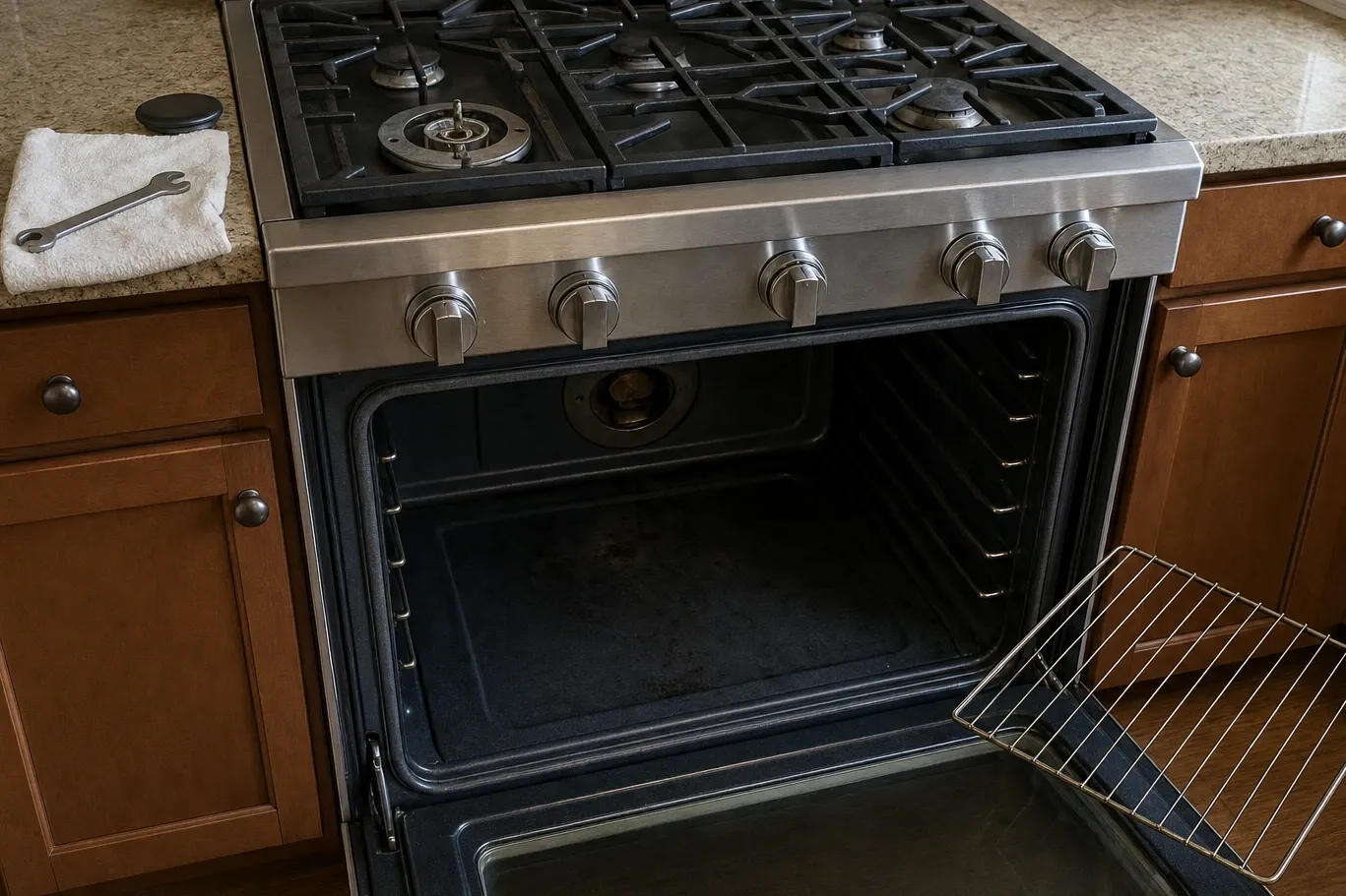 Stainless gas range in a wood-cabinet kitchen, oven door open on an empty cavity with the rack standing on the floor
