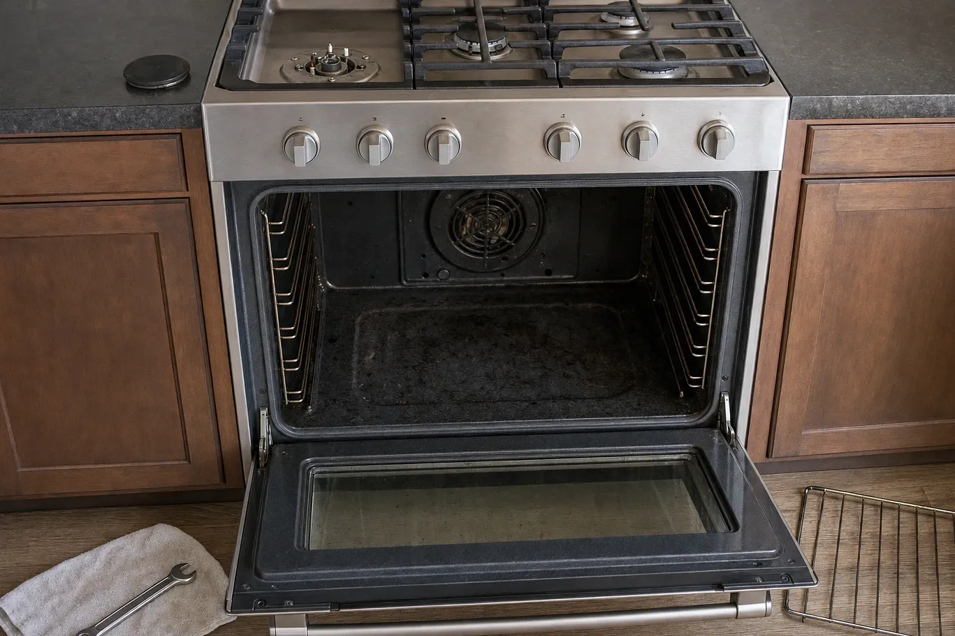 Empty oven cavity behind a flat-open door with the convection fan cover visible at the back and both racks taken out
