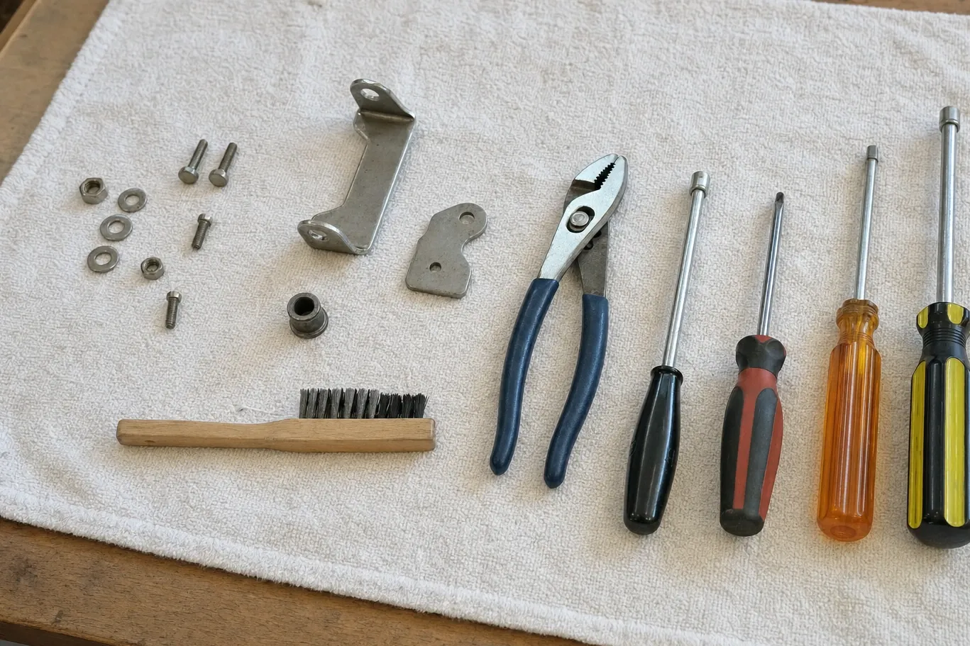Fasteners, two sheet-metal brackets, a bushing, slip-joint pliers, a wire brush and four drivers laid out on a white cloth
