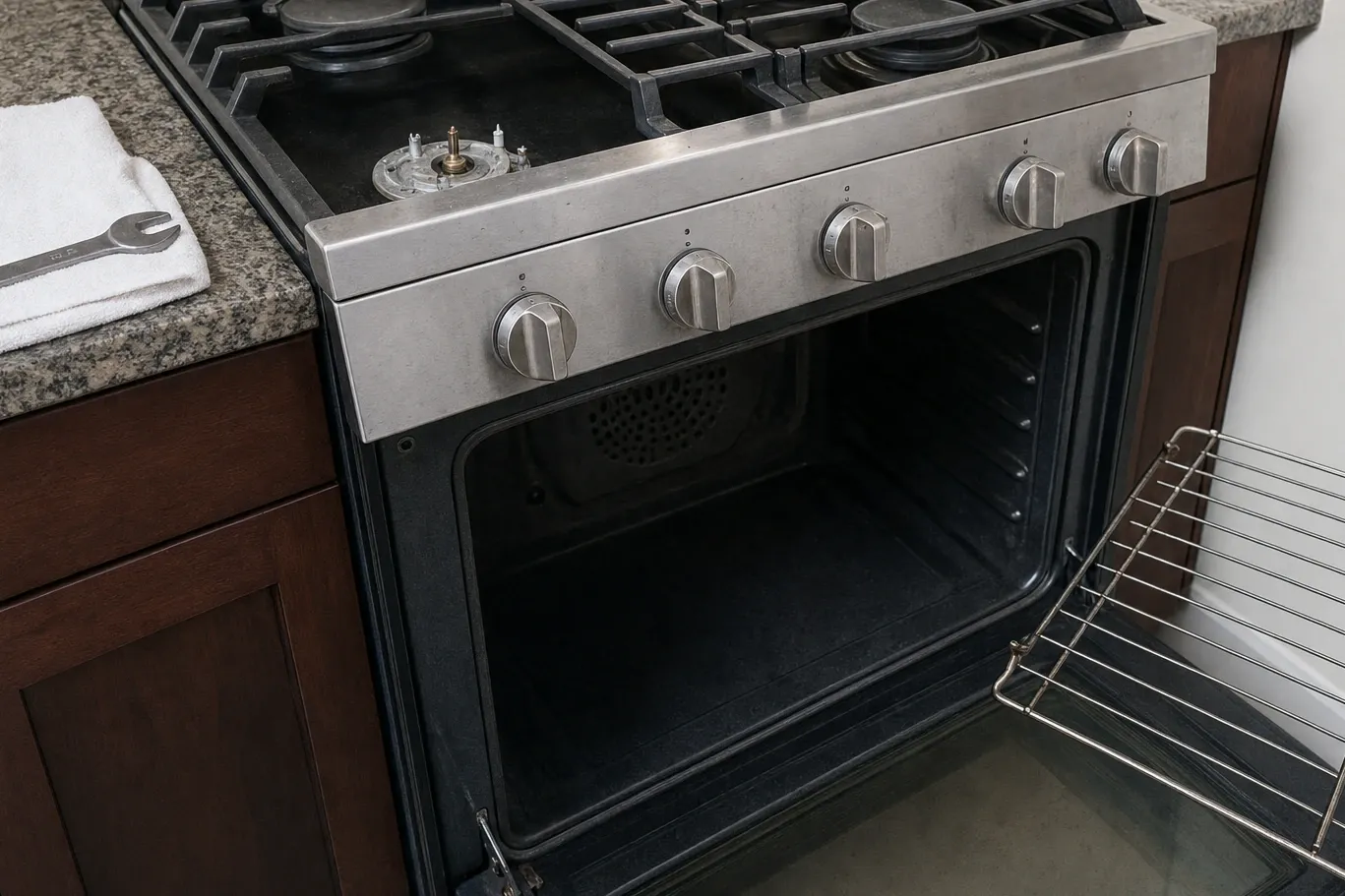 Close view of a gas cooktop with one burner stripped to the base, showing the igniter electrodes and the brass orifice