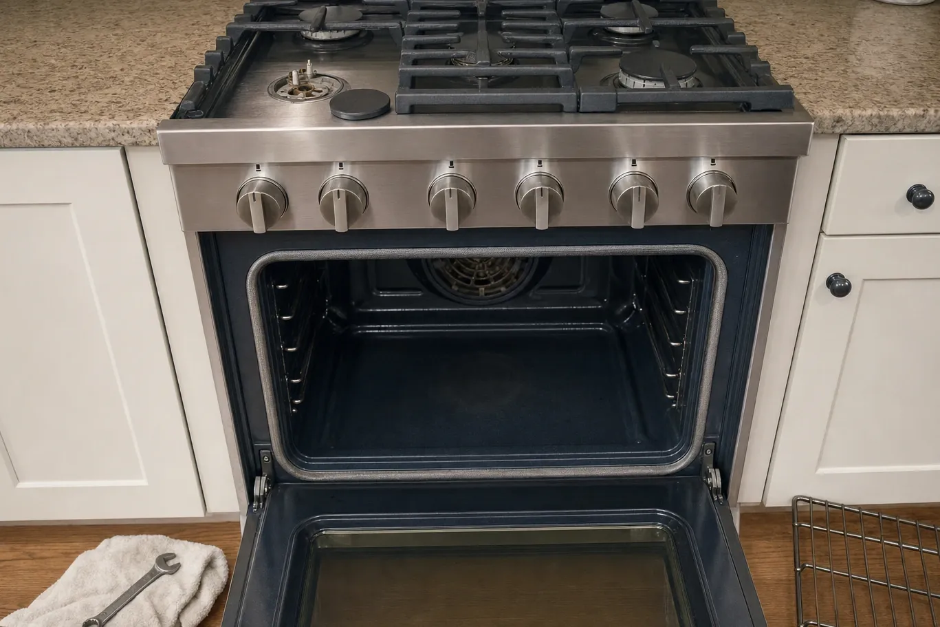 Stainless gas range seen straight on with the oven door flat open on an empty cavity and one cooktop burner taken apart