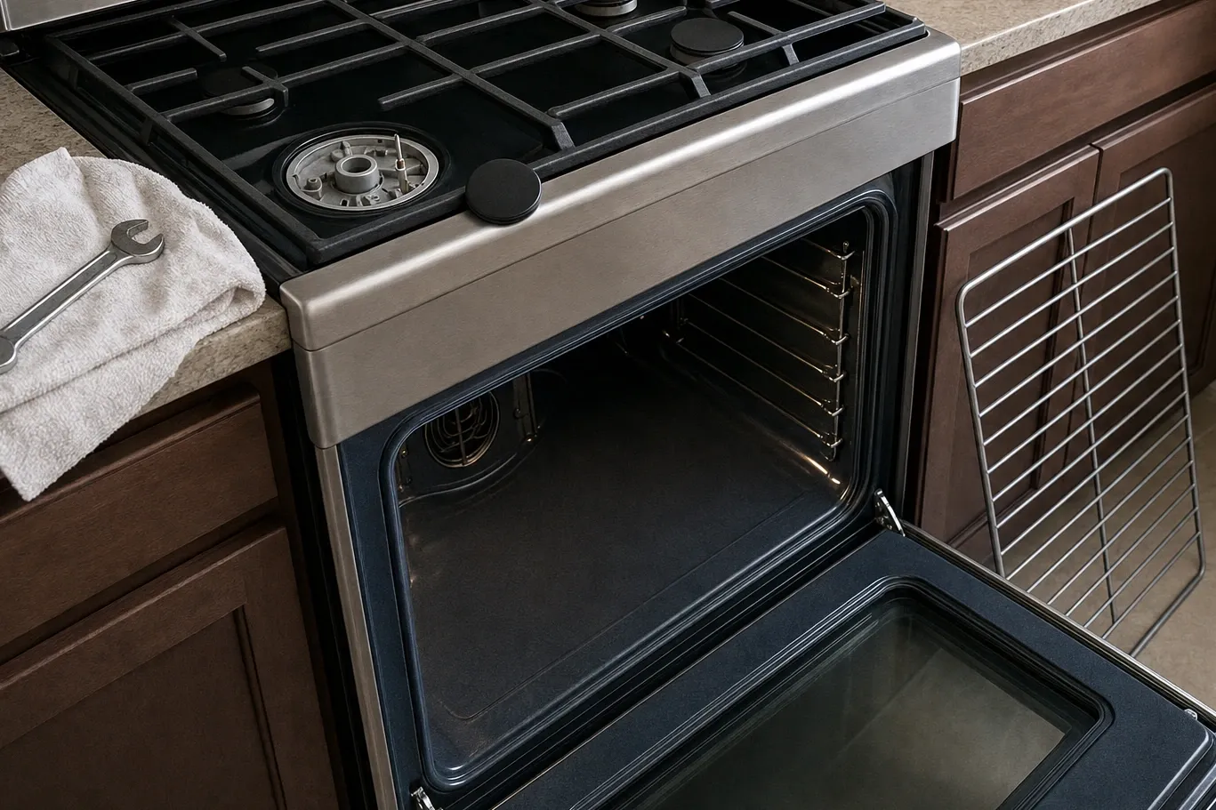 Stainless range against mid-brown cabinets, oven door open on the rack supports and heating element, one burner cap lifted off