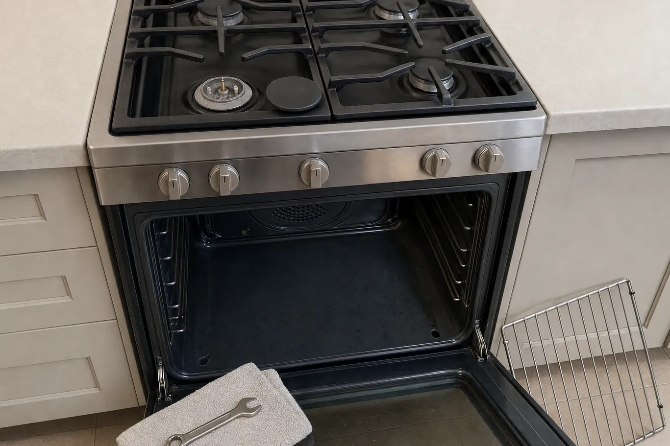 Gas range in a pale-cabinet kitchen, oven door flat open with the fan cover at the back and a burner ring lifted off