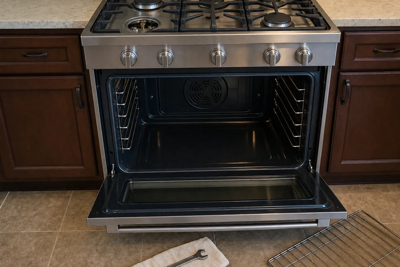 Open oven door on a deep blue-black cavity with the round convection fan cover centred on the back wall and a rack removed