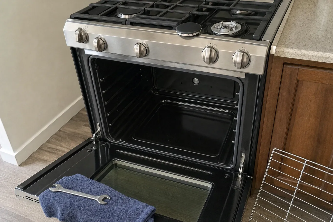 Gas range in a galley kitchen with the oven door open and a burner opened up, a blue towel and wrench on the door