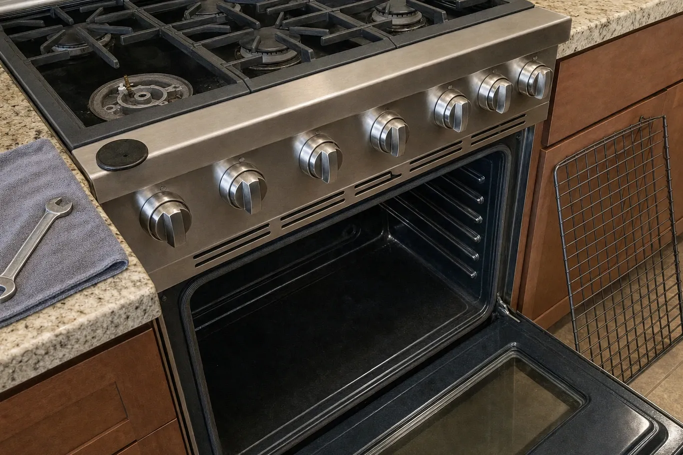 Wide pro-style control panel of seven knobs above a louvred vent strip, one burner taken apart at the left and the oven open
